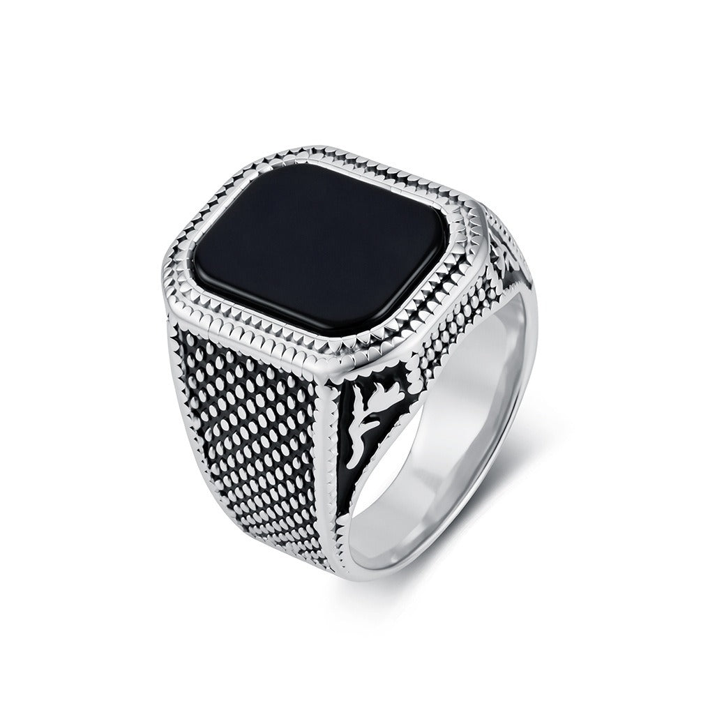 Kemstone Black Stone Signet Ring for Men Stainless Steel Textured Wide Band Vintage K-R1210