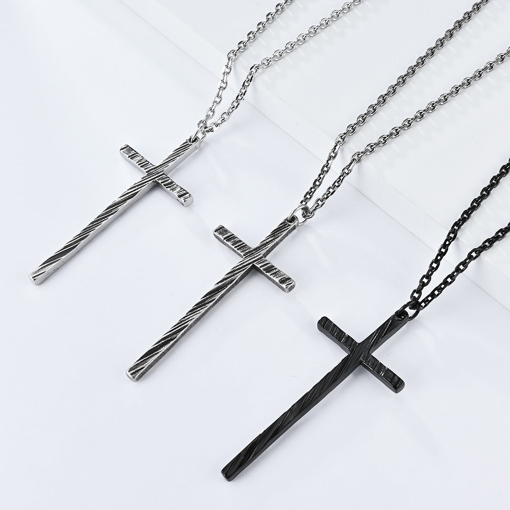 Kemstone Slim Textured Cross Pendant Necklace for Men Stainless Steel Vintage K-PT547