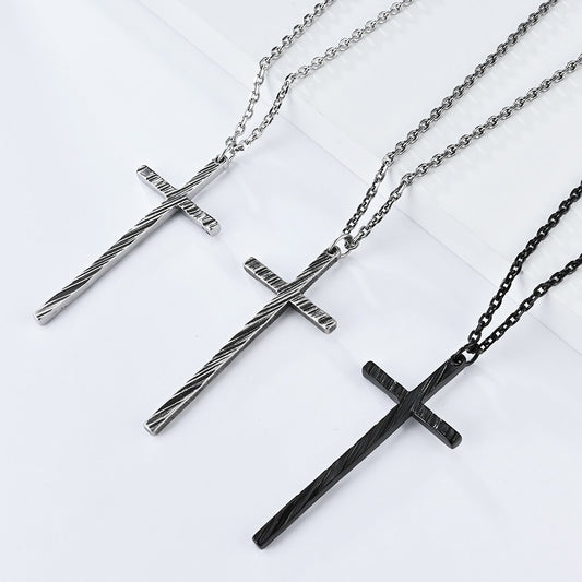 Kemstone Slim Textured Cross Pendant Necklace for Men Stainless Steel Vintage K-PT547