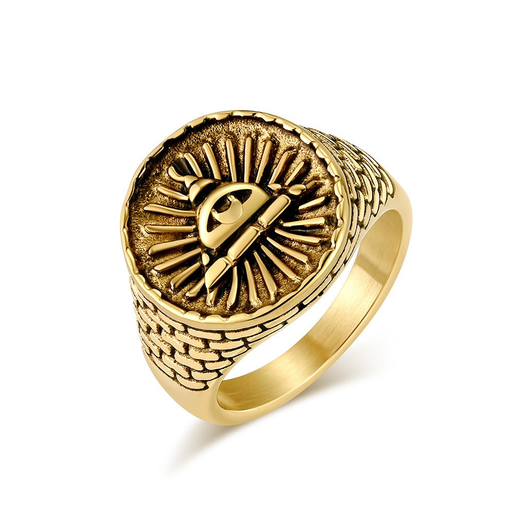 Kemstone Stainless Steel Triangle Eye Signet Ring for Men Vintage Textured K-R852