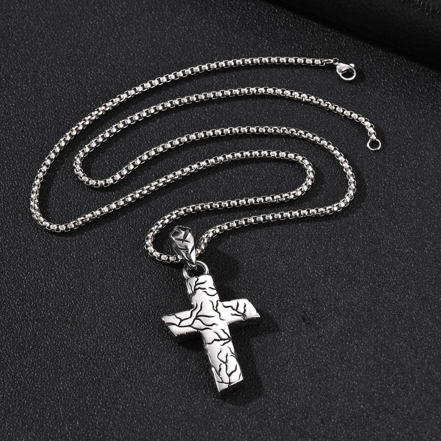 Kemston Cracked Texture Cross Pendant Necklace for Men Stainless Steel Vintage Silver Design PN-2420