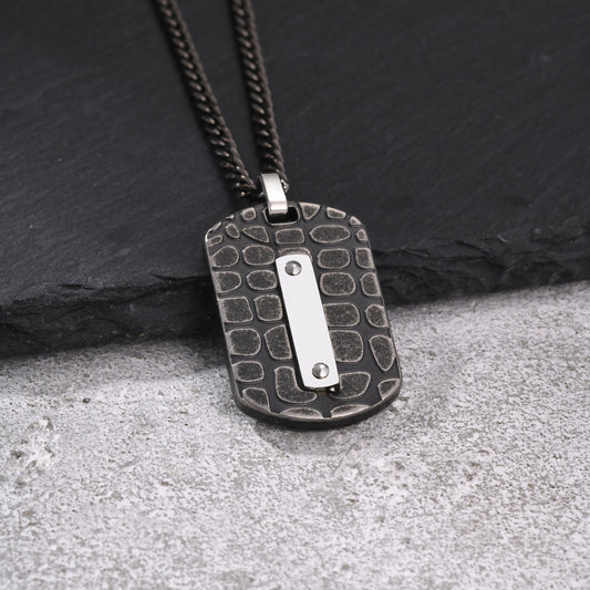 Kemston Textured Rectangular Pendant Necklace for Men Stainless Steel Polished Bar PN-2396GR
