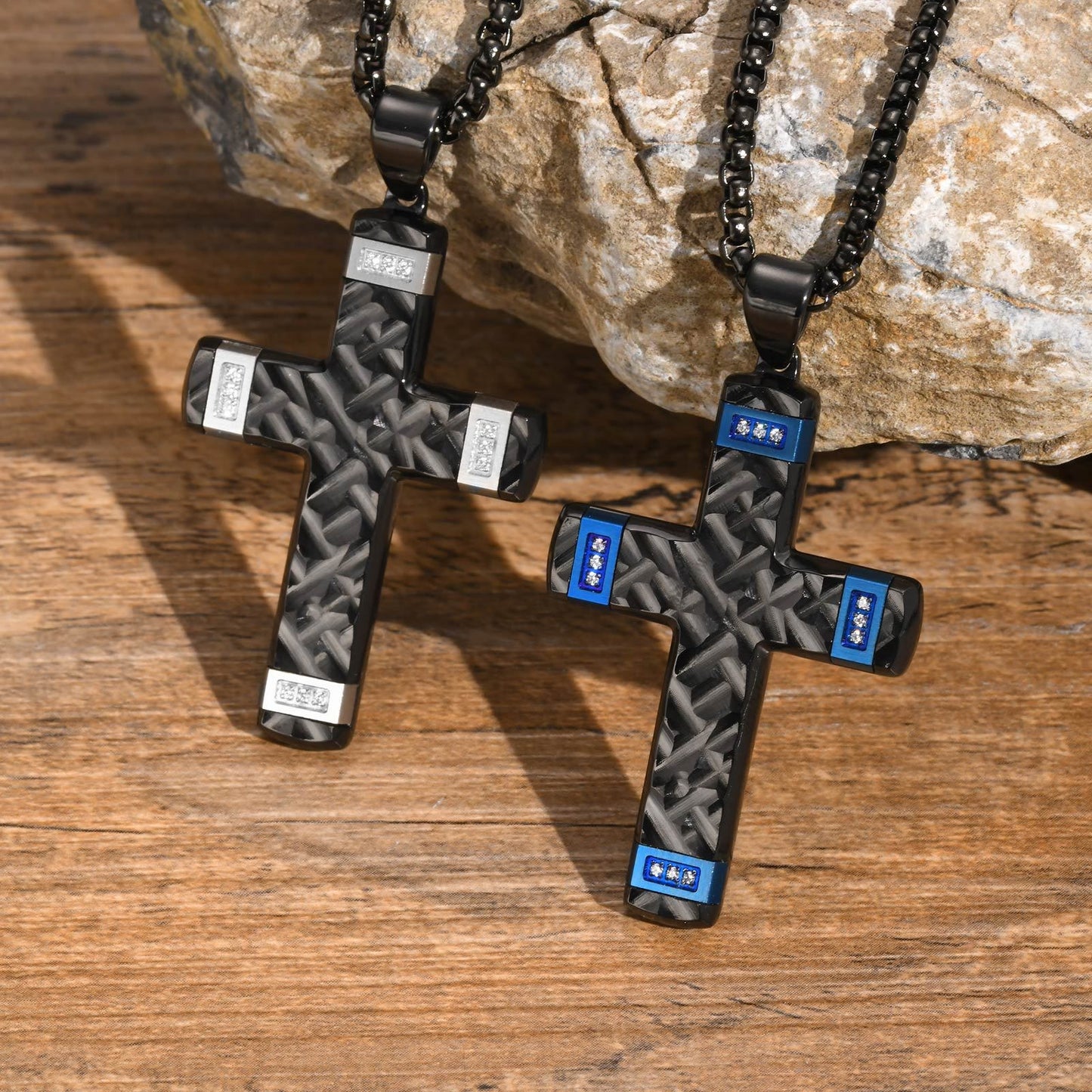 Kemstone Textured Cross Pendant Necklace for Men Stainless Steel Cubic Zirconia Accent PN-2104