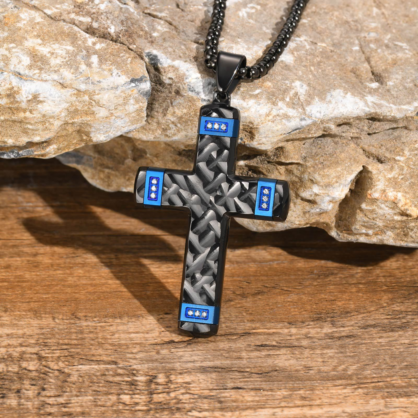 Kemstone Textured Cross Pendant Necklace for Men Stainless Steel Cubic Zirconia Accent PN-2104