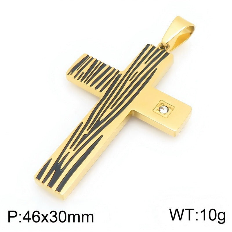 Kemstone Wood Grain Cross Pendant Necklace for Men Stainless Steel Cubic Zirconia Accent KP119491-HR