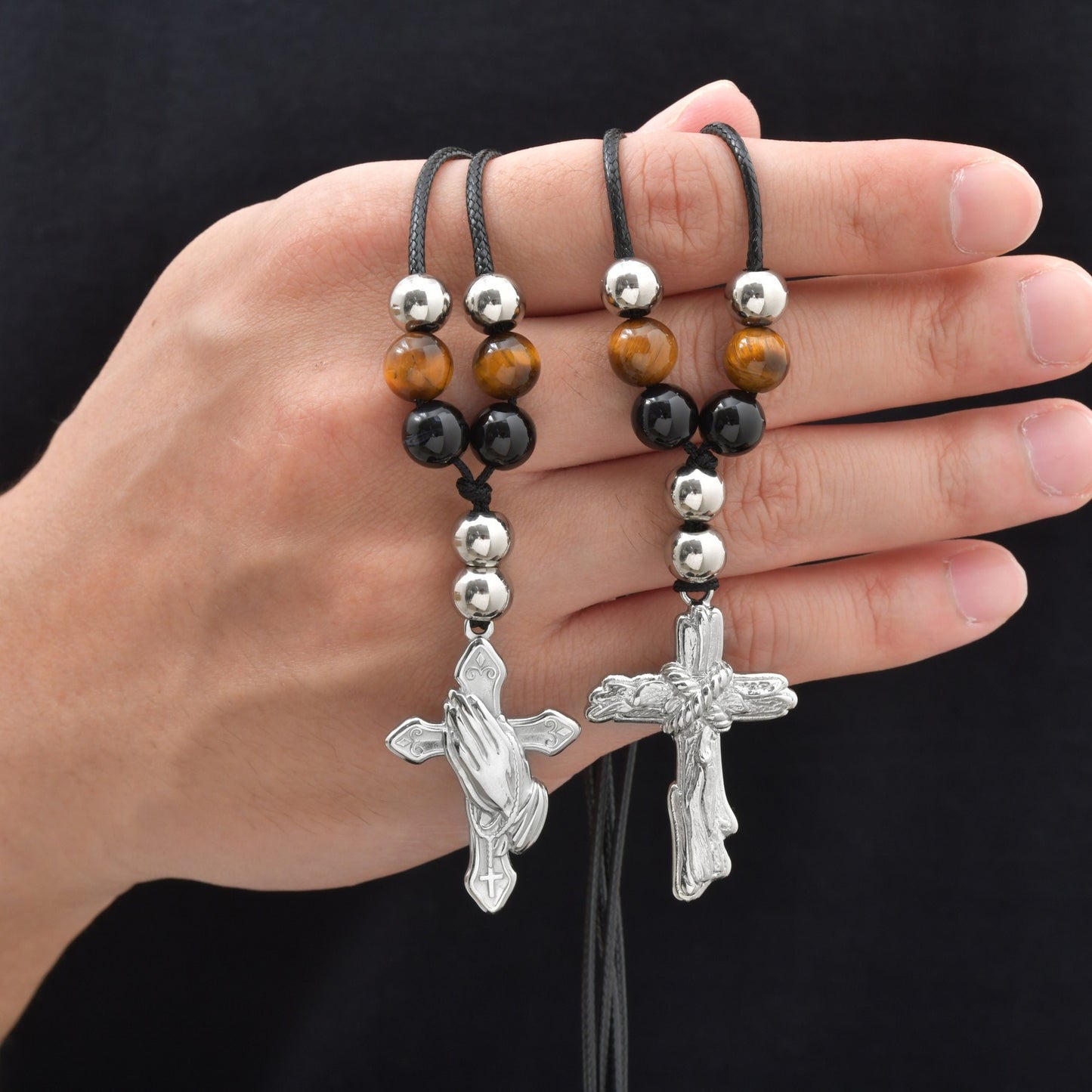Kemston Beaded Cross Necklace for Men Black Onyx Tiger Eye Stainless Steel Adjustable Rope Pendant NC-2783