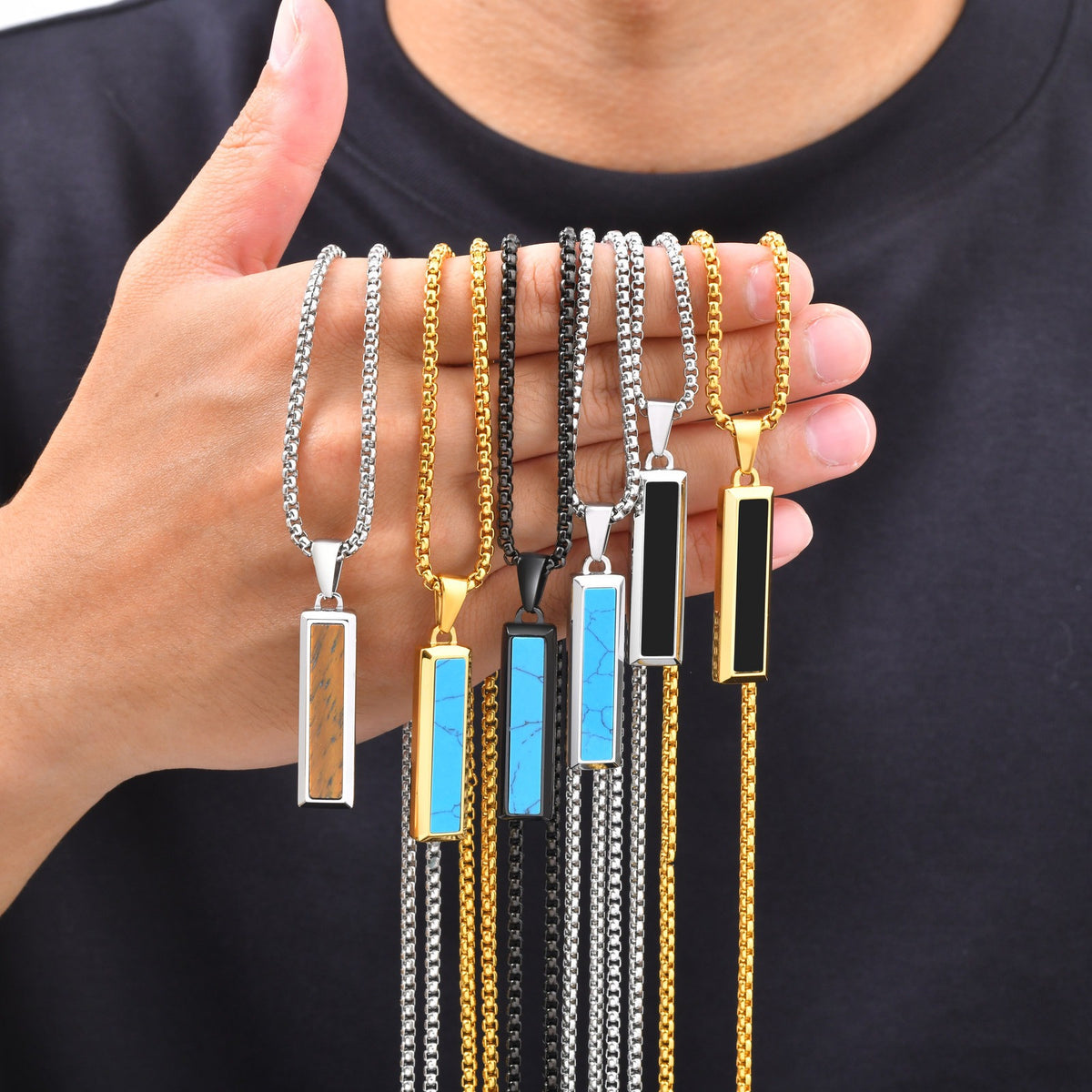 Kemstone Geometric Bar Pendant Necklace for Men Stainless Steel Tiger Eye & Turquoise Styles PN-2221