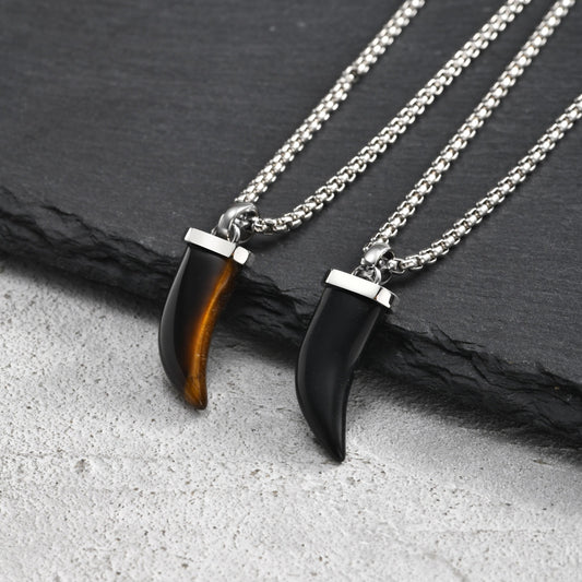 Kemstone Horn Pendant Necklace for Men & Women Stainless Steel Tiger Eye Black Agate PN-2438