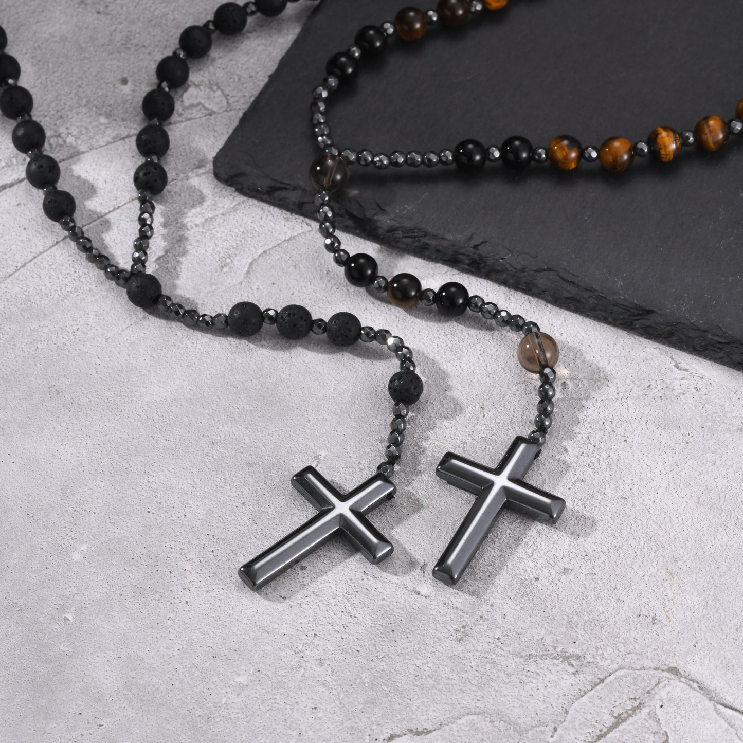 Kemstone Tiger Eye Beaded Cross Necklace for Men Lava Stone Stainless Steel Pendant NC-3017