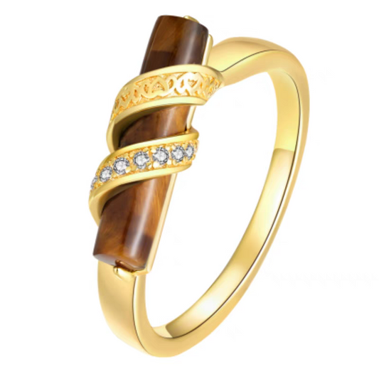 Anillo luminoso de diseño original artesanal de Kemstone - Plata de ley bañada en oro, diseño de columna vintage de ojo de tigre