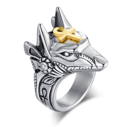 Kemstone Men’s Titanium Steel Anubis Egyptian God Ring – Silver K-R291