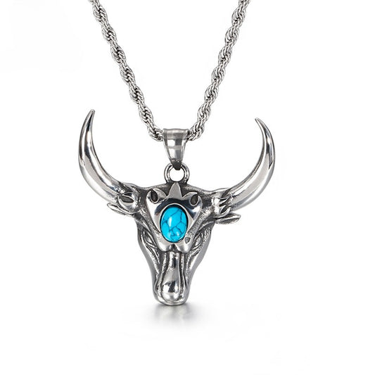 Kemstone Bull Horn Turquoise Pendant – Punk Titanium Steel Necklace for Men KP81530-K