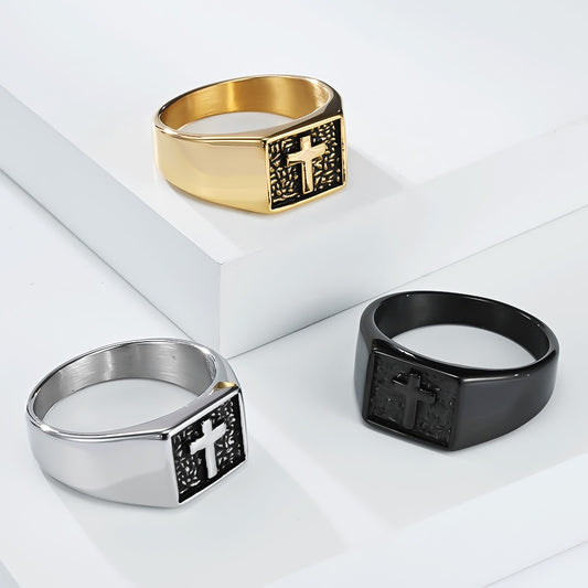 Kemstone Men’s Titanium Steel Cross Signet Ring – Silver, Gold, Black K-R1047