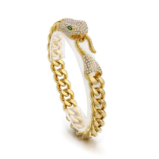 Kemstone Titanium Steel Cuban Chain Bracelet – Double-Sided Polished Hip Hop Snake Head, Green or Red Eyes KB185251