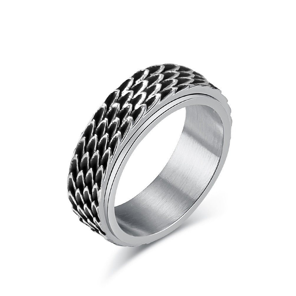 Kemstone Men’s Titanium Steel Dragon Scale Spinner Ring – Vintage Fidget Jewelry K-R810