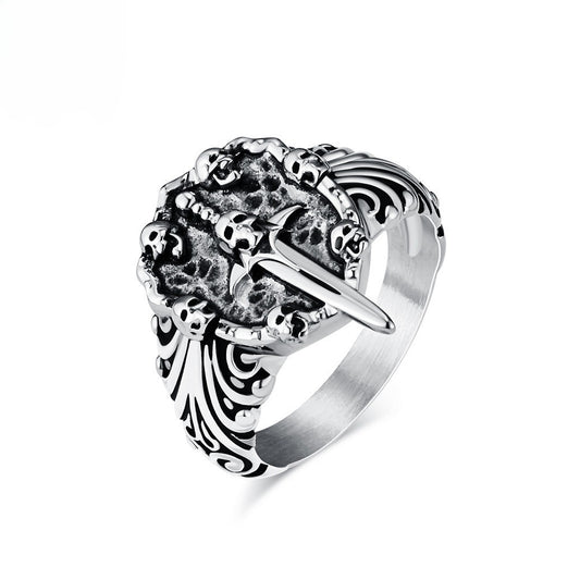 Kemstone Titanium Steel Skull Sword Ring – Gothic Vintage Band K-R830