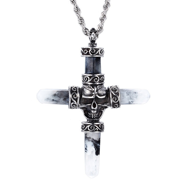 Kemston Titanium Steel Skull Cross Pendant Necklace for Men Gothic Resin Inlay Chain KP42893-BD