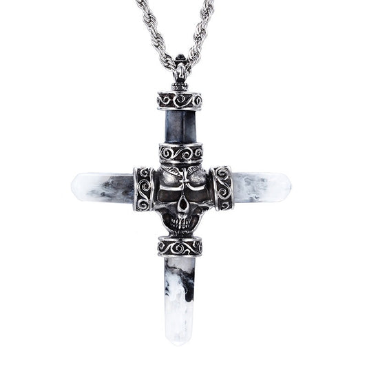 Kemston Titanium Steel Skull Cross Pendant Necklace for Men Gothic Resin Inlay KP42893-BD