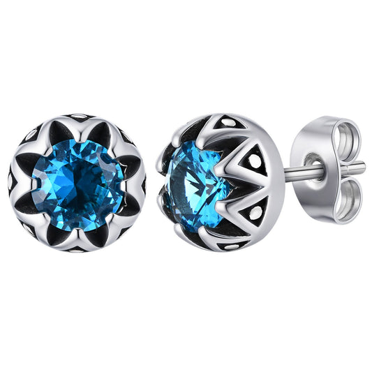 Kemstone Titanium Steel Stud Earrings - Blue Zircon Punk Crown for Men & Women ES-736