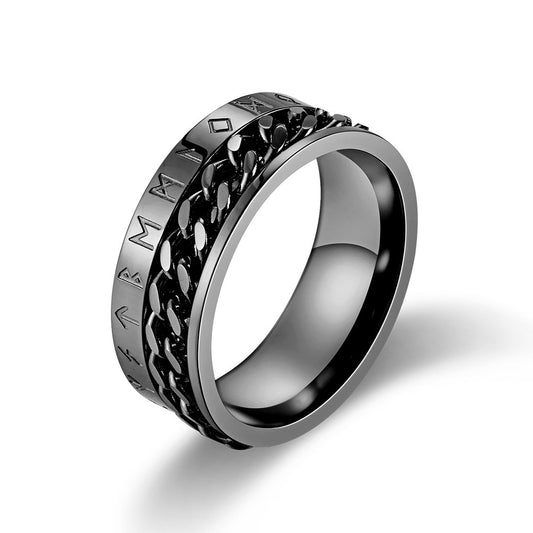 Kemstone Men’s Titanium Steel Viking Rune Chain Spinner Ring – Vintage Norse Style K-R336