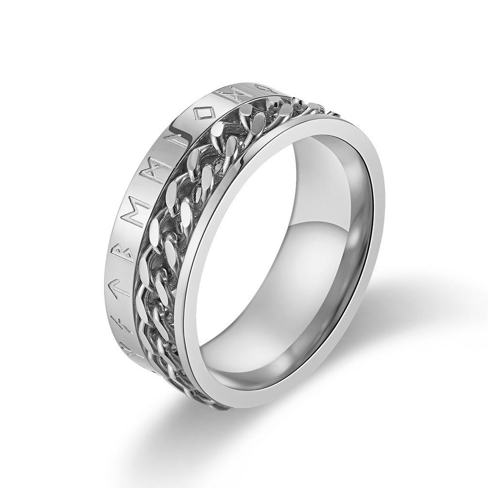 Kemstone Men’s Titanium Steel Viking Rune Chain Spinner Ring – Vintage Norse Style K-R336