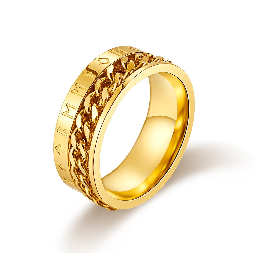 Kemstone Men’s Titanium Steel Viking Rune Chain Spinner Ring – Vintage Norse Style K-R336