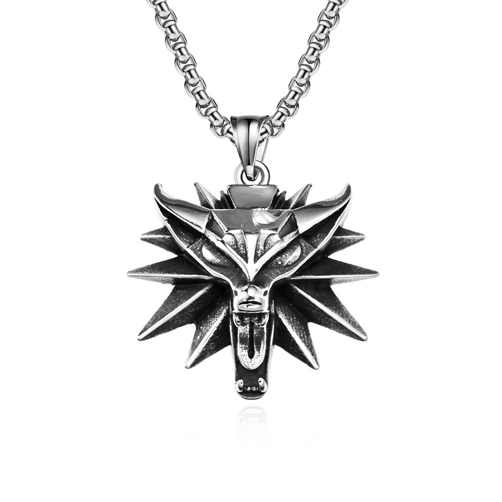 Kemstone Men’s Titanium Steel Wolf Head Pendant Necklace – Witcher Inspired K-PT552