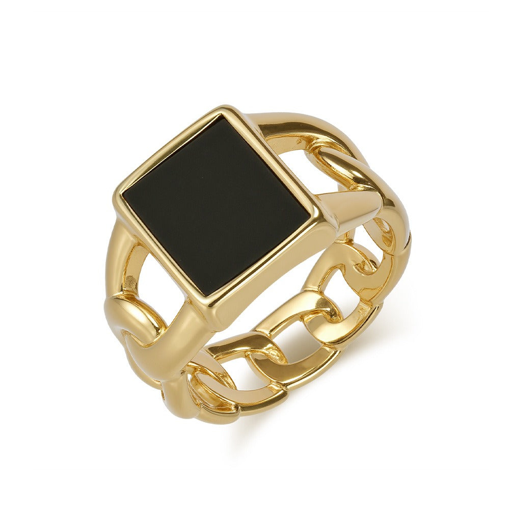 Kemstone Men’s Titanium Steel Cuban Chain Ring – Tiger Eye & Black Stone Jewelry K-R998