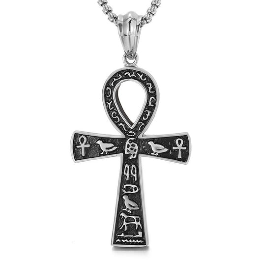 Kemstone Titanium Steel Ankh Cross Pendant Necklace for Men – Hieroglyph Relief, Gold Silver KP92795-BDJX