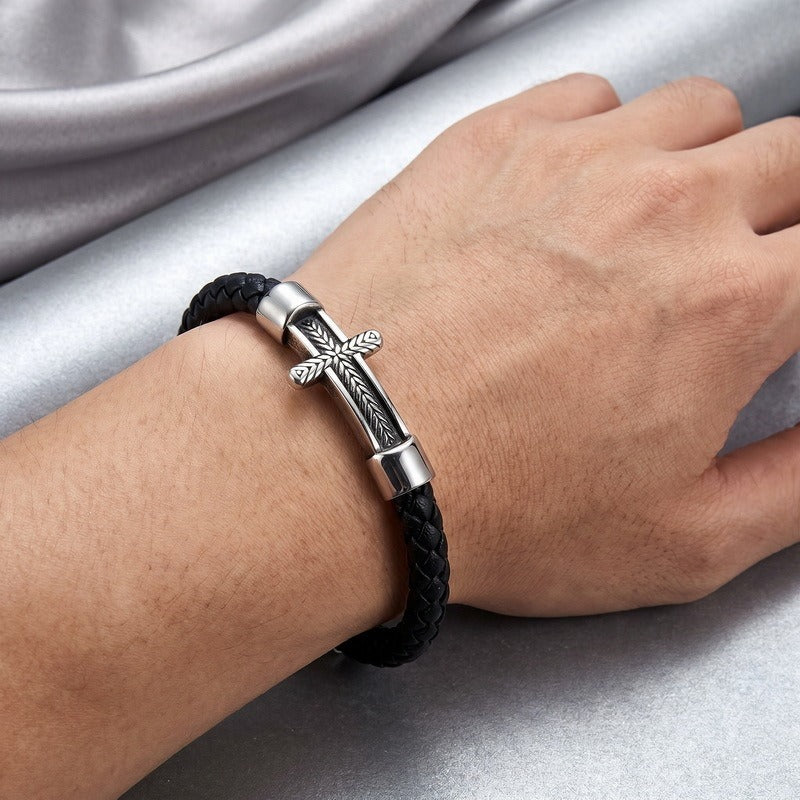Kemstone Wheat Engraved Cross Bracelet for Men Braided Faux Leather Titanium Steel KB214751-SJ