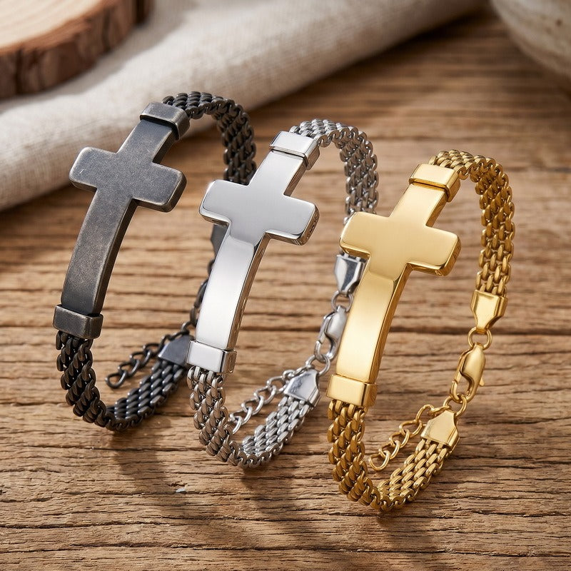Kemstone Curved Plate Cross Bracelet for Men Titanium Steel Mesh Chain KB213291-KFC