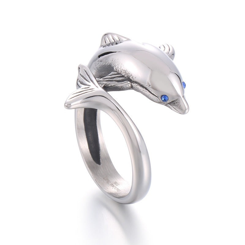 Kemstone Dolphin Ring for Men Titanium Steel Blue Eye Ocean Design KR104181-BDJX