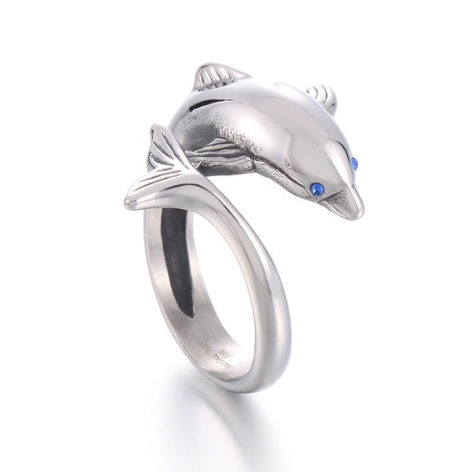 Kemstone Dolphin Ring for Men Titanium Steel Blue Eye Ocean Design KR104181-BDJX