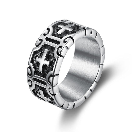 Kemstone Engraved Cross Ring for Men Titanium Steel Vintage Pattern TR0175