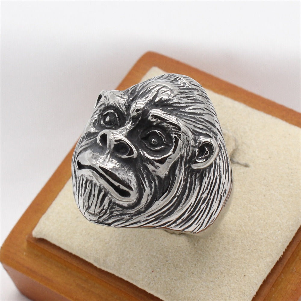Kemstone Vintage Gorilla Titanium Steel Ring for Men – Sculpted Animal Head Design R1741