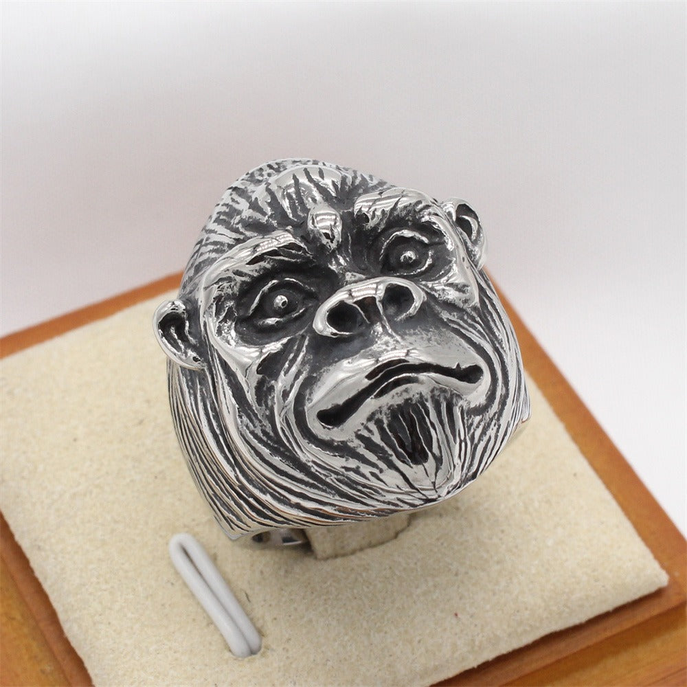 Kemstone Vintage Gorilla Titanium Steel Ring for Men – Sculpted Animal Head Design R1741