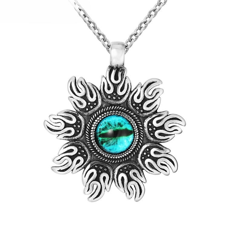 Kemstone Green Eye Pendant Necklace for Men Titanium Steel Flame Pattern P0202-NK04