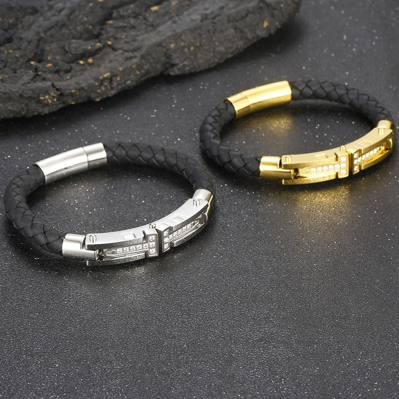 Kemston T-Bar Braided Leather Bracelet for Men Titanium Steel Stone Accent Gold Silver KB163596-KFC