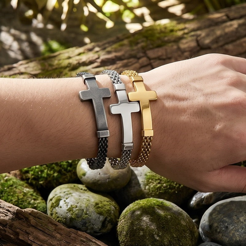 Kemstone Curved Plate Cross Bracelet for Men Titanium Steel Mesh Chain KB213291-KFC