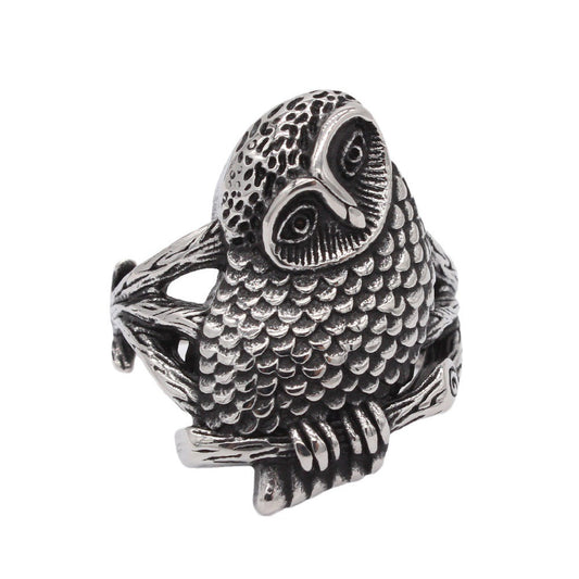 Kemstone Vintage Owl Ring for Men Titanium Steel Sculpted Feather R1553