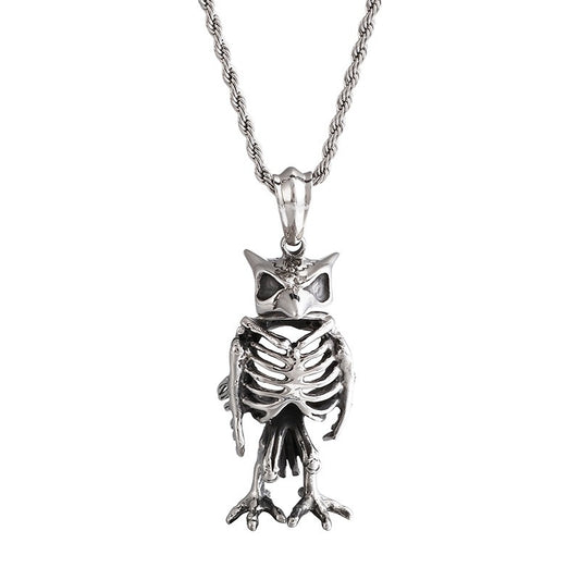 Kemstone Titanium Steel Owl Skeleton Necklace – Gothic Punk Jewelry for Men KP80011-BD