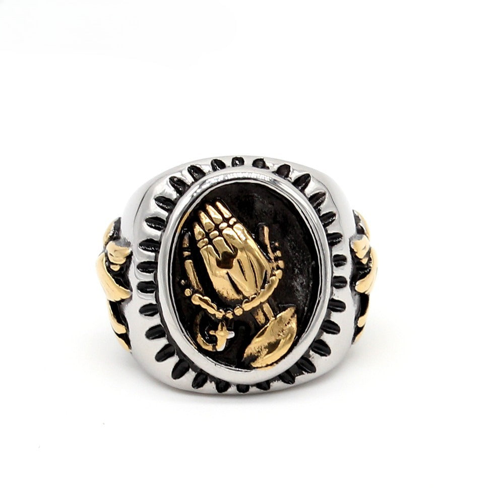 Kemstone Praying Hands Ring for Men Titanium Steel Dove Relief Vintage Oval R0297