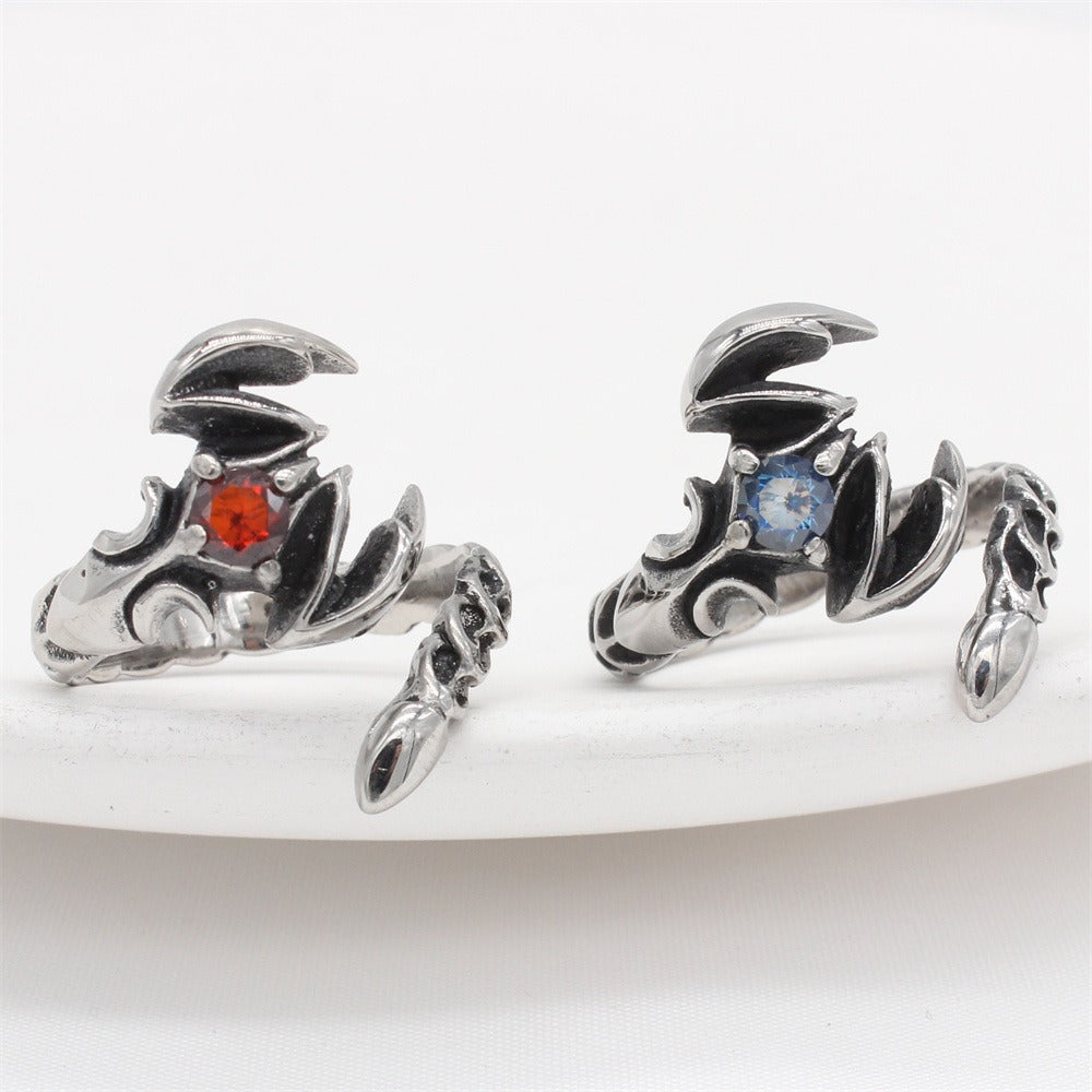 Kemstone Vintage Scorpion Titanium Steel Ring for Men – Red & Blue Cubic Zirconia Inlay R1738