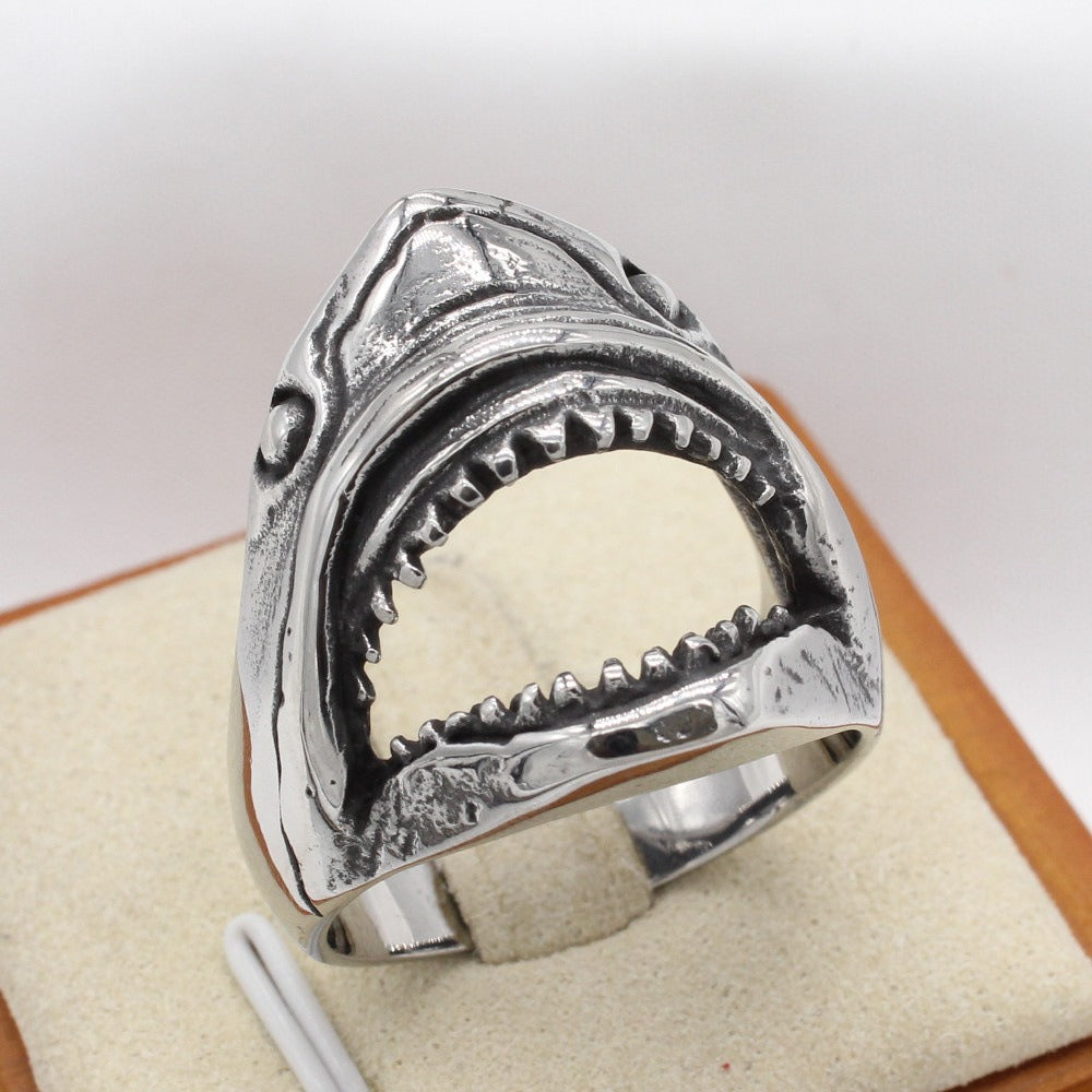 Kemston Shark Head Ring for Men Titanium Steel Vintage Texture R1625