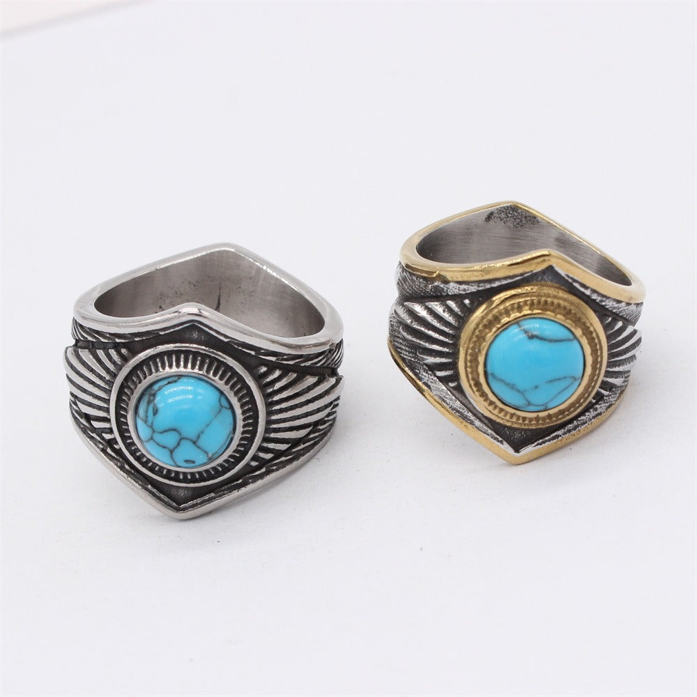 Kemston Turquoise Ring for Men Titanium Steel Feather Texture Vintage Stone R1530