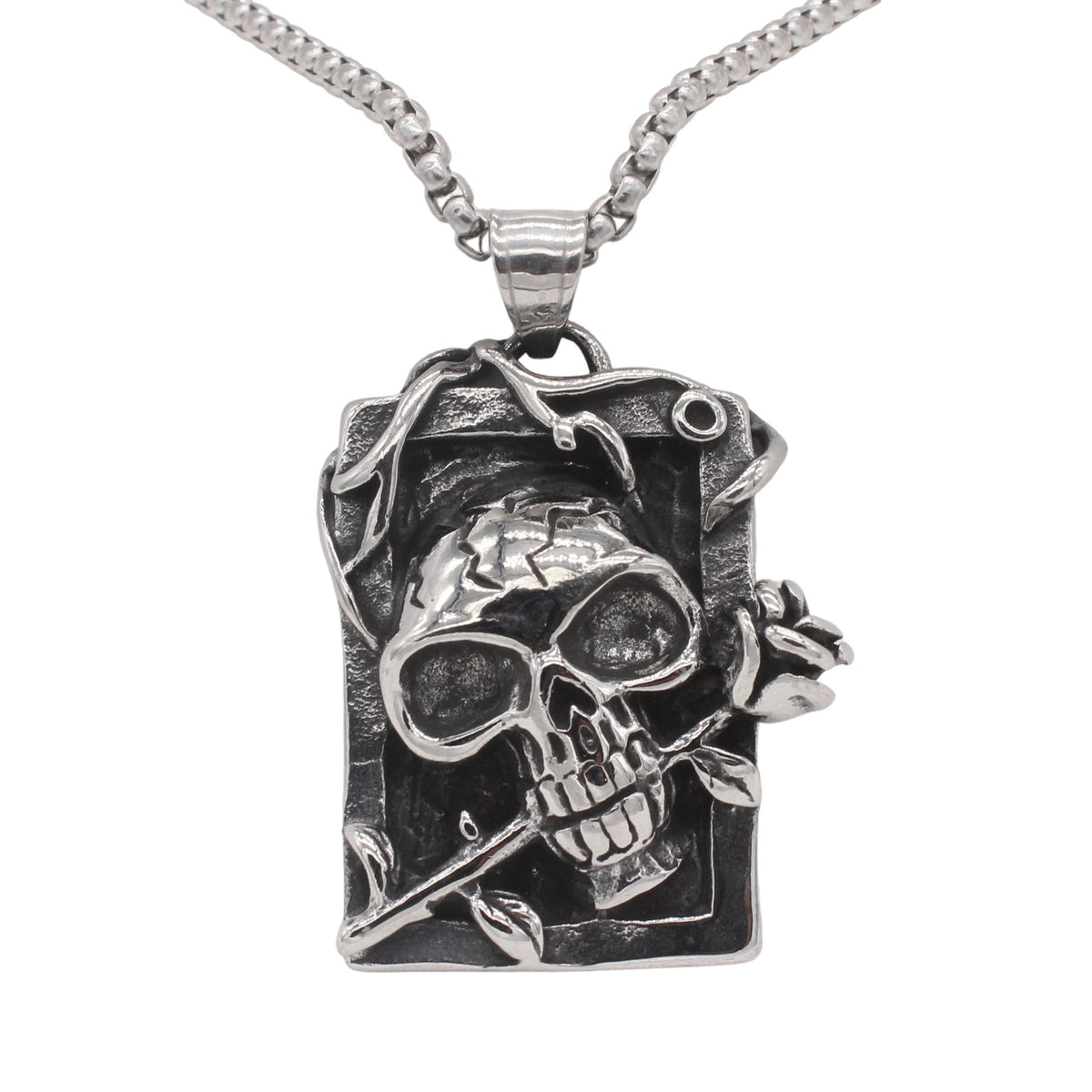 Kemstone Skull and Rose Pendant Necklace for Men Titanium Steel Vintage Relief P1507