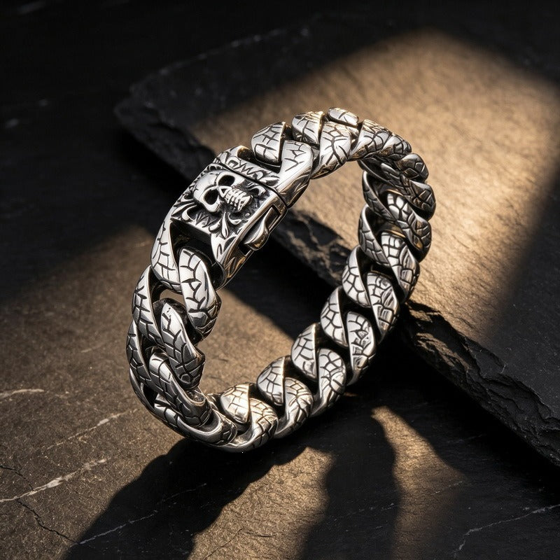 Kemstone Skull Clasp Cuban Link Bracelet for Men Titanium Steel Engraved KP118342-KJX