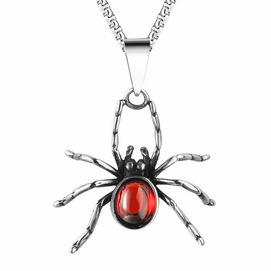 Kemstone Titanium Steel Spider Pendant Necklace for Men – Black & Red Stone Options P1412