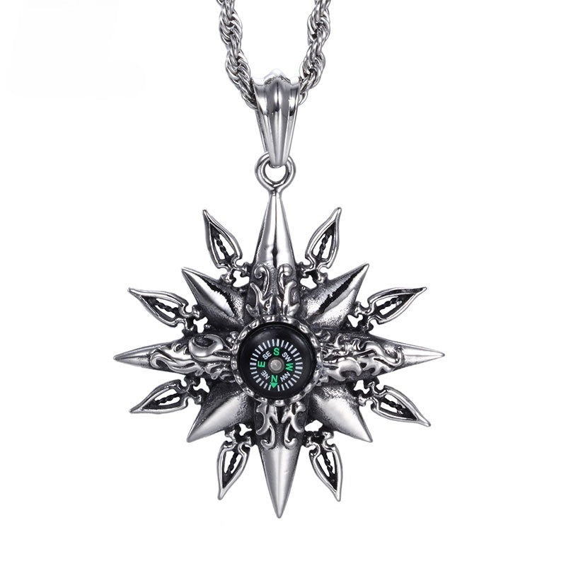 Kemstone Titanium Steel Men’s Sunburst Compass Pendant Necklace KP42987-BD