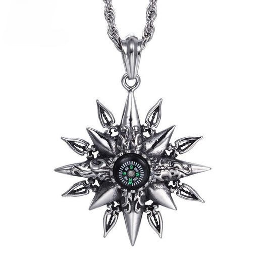 Kemstone Titanium Steel Men’s Sunburst Compass Pendant Necklace KP42987-BD
